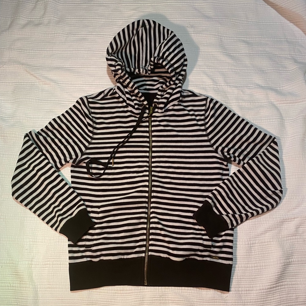 Calvin Klein Women’s Velour Striped Zip Hoodie Jacket Size M Black White